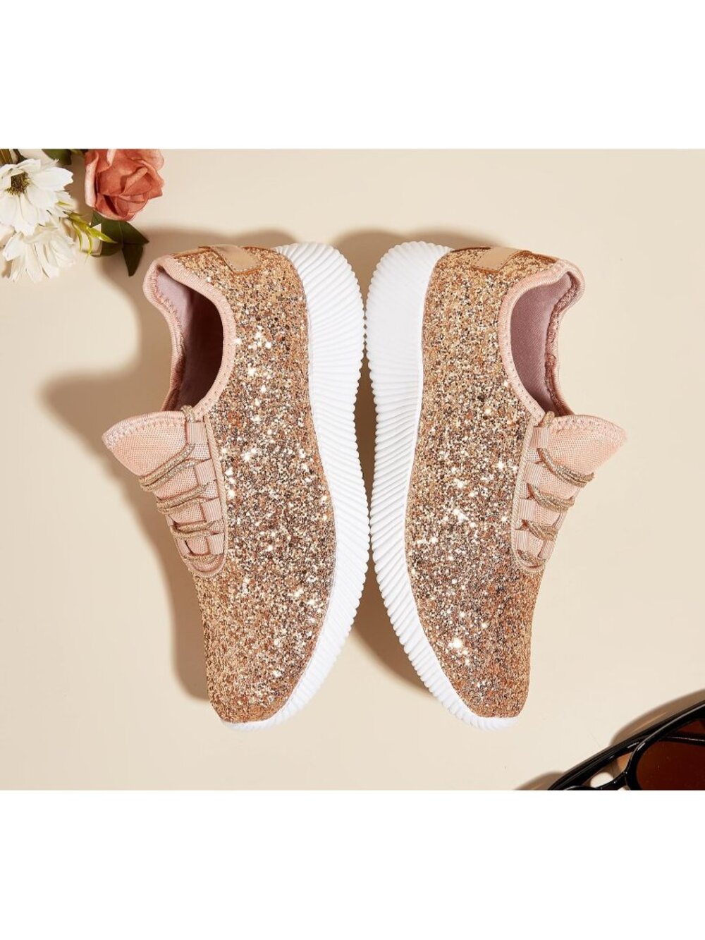 Women's New Rose Gold Slip On Running Shoes Tennis Fashion Glitter Sneakers - Picture 3 of 6
